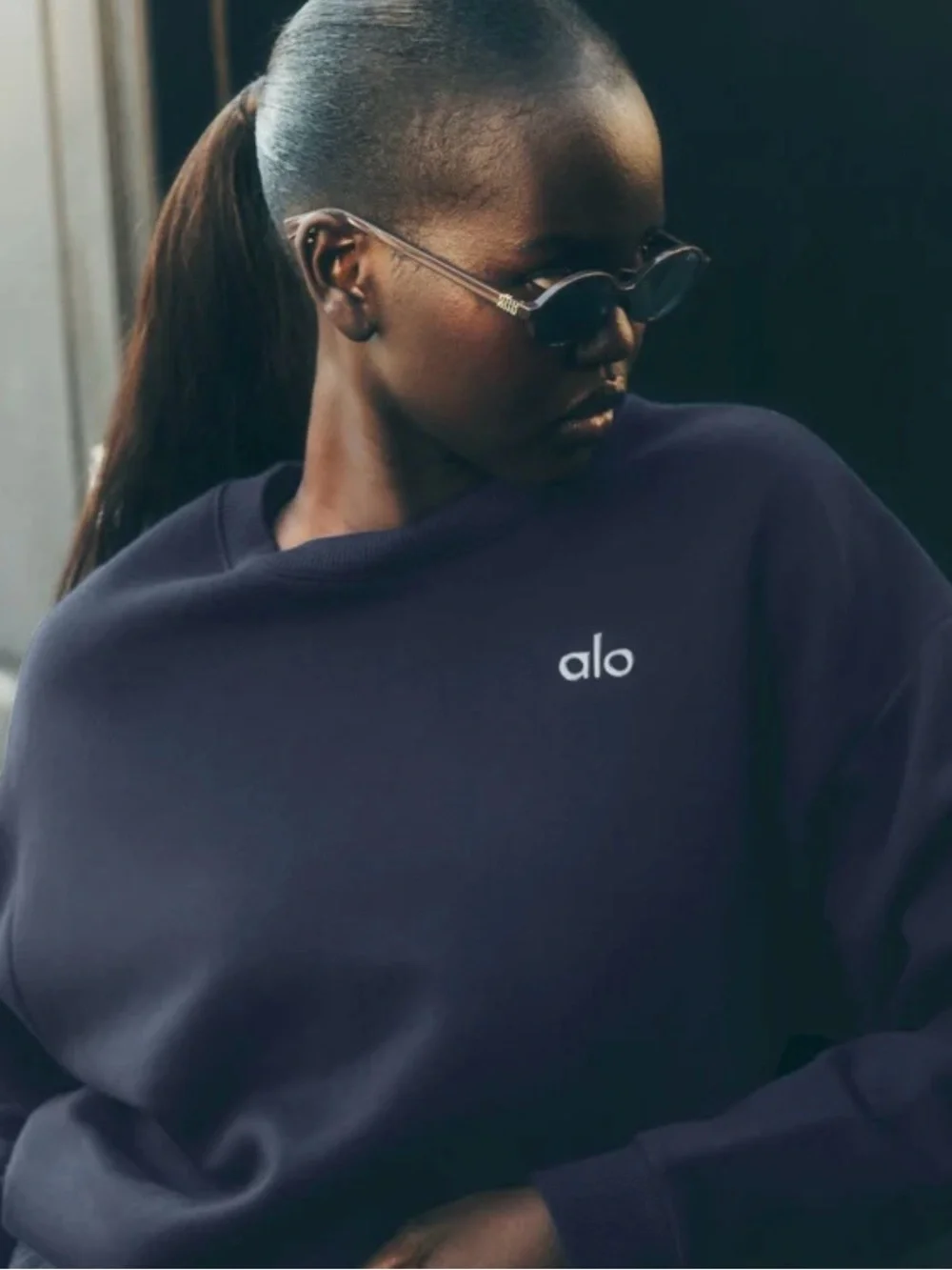 ALO Yoga Navy Crewneck Sweatshirt with White Logo